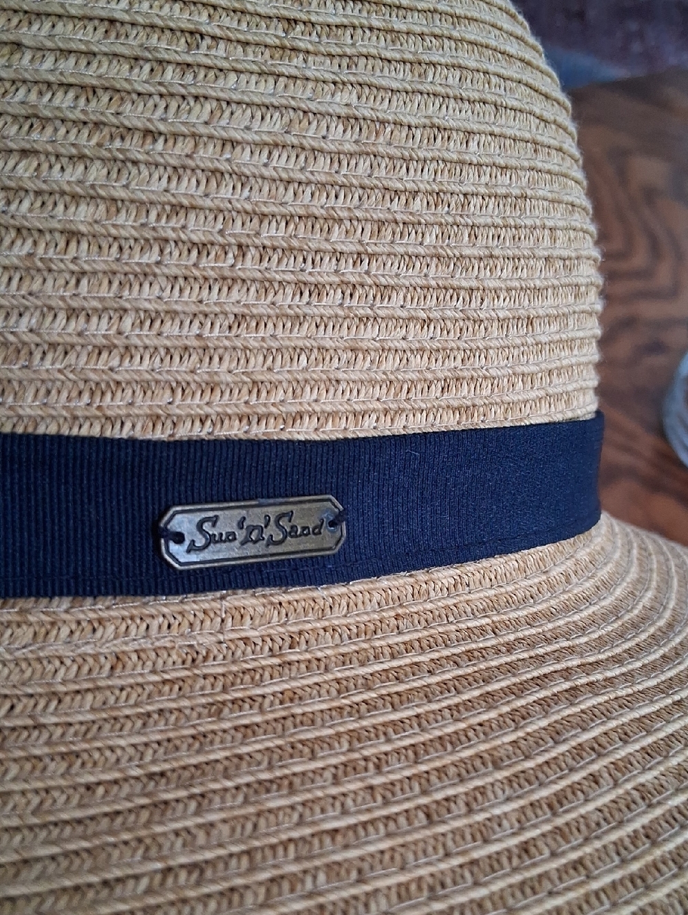 Sun And Sand Rafia Navy Trim  Backless Wide Brim Summer Beach Hat - Picture 4 of 9